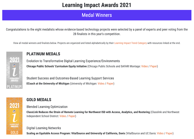 Learning Impact Awards 2021 winners page