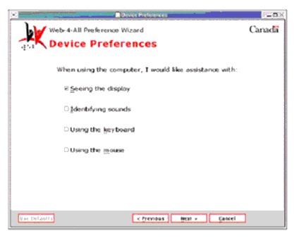 Web-4-All device preference screen (see text for description)