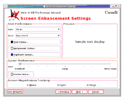 Web-4-All Screen Enhancement screen (see text for description)