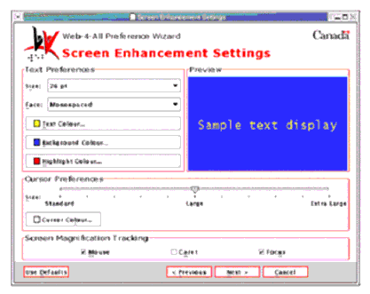Web-4-All Screen Enhancement Settings screen (see text for description)