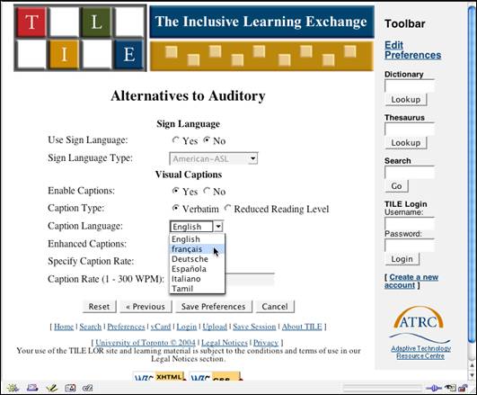 The TILE user interface offers users a choice of sign langauge and visual captions as alternatives to auditory materials. Users can choose which sign language, though only ASL is available here. Users can request verbatim or reduced reading level captions, five languages for captions, and can specify a caption rate of one to 300 WPM.