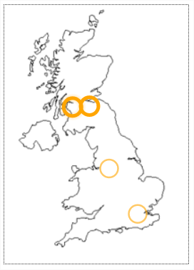 There are 2 line drawings of the United Kingdom. Each drawing has 4 circles. 
                          2 of each of the 4 circles are shown with thin lines, and 2 with thick lines. The first drawing 
                          has orange lined circles.