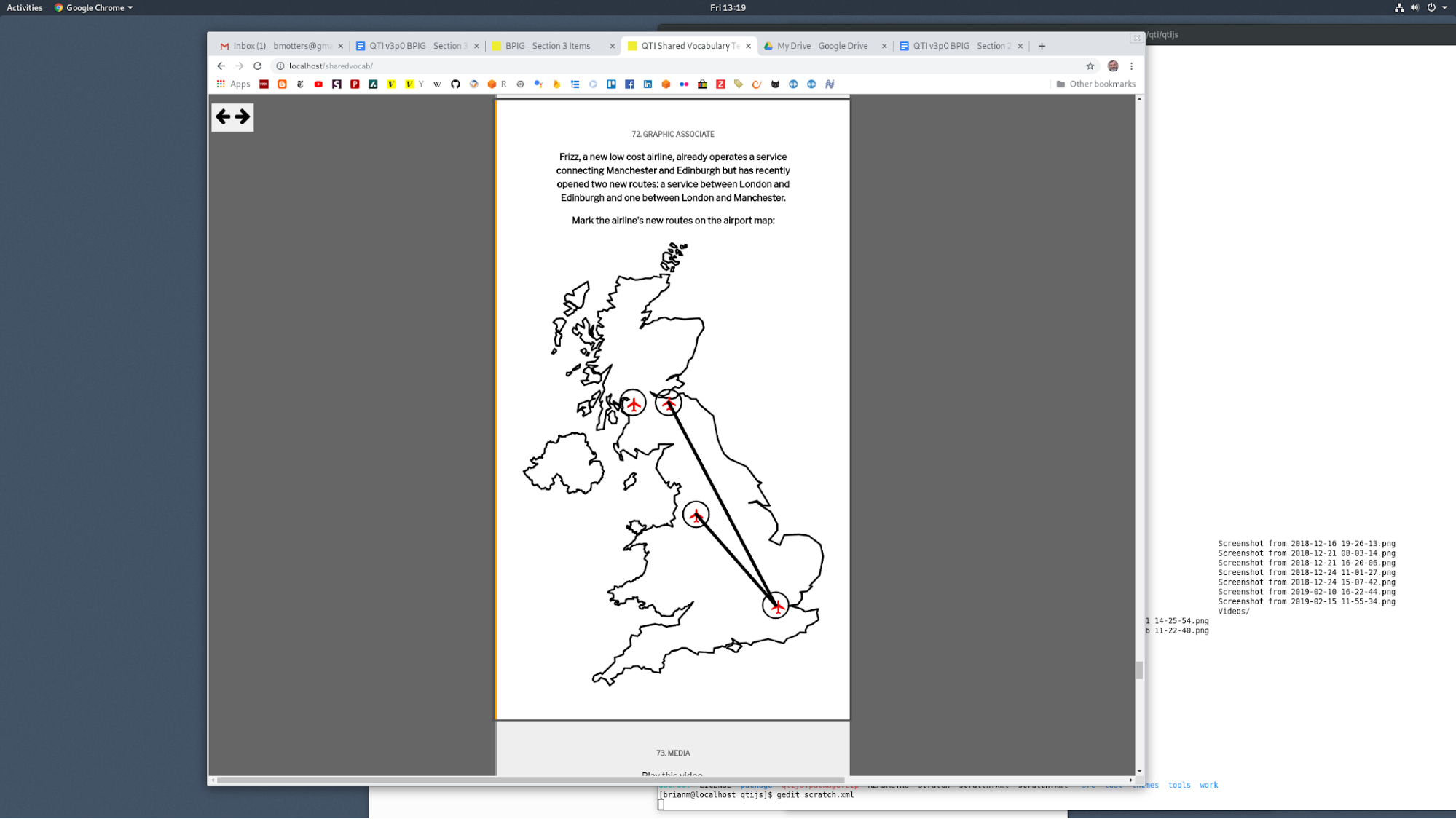 2 paragraphs of text are shown above an image. The image is a line drawing of the United Kingdom. 
                      There are 4 places that have icons of airplanes placed on the drawing. 3 of the icons are connected by lines.