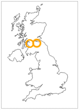There are 2 line drawings of the United Kingdom. Each drawing has 2 colored circles.
                          The first drawing has orange lined circles.